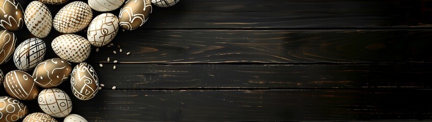 A black wooden background with Easter eggs painted in beige and white, arranged neatly on the right side of the frame.