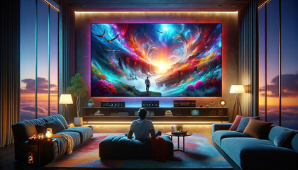 home entertainment setup, featuring a person relaxing in a modern living room and watching a large, vibrant screen. T - obrazy, fototapety, plakaty