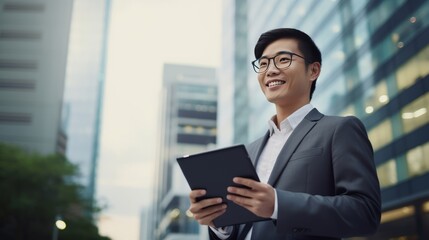 Fototapeta premium A man wearing a suit and glasses is holding a tablet in his hand