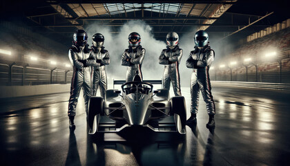silver fireproof suits and helmets stand confidently beside an open-wheel race car in a dramatically lit environment, evoking a sense of anticipation and readiness