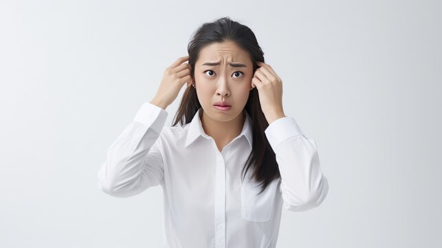 A woman in a business suit with her head down