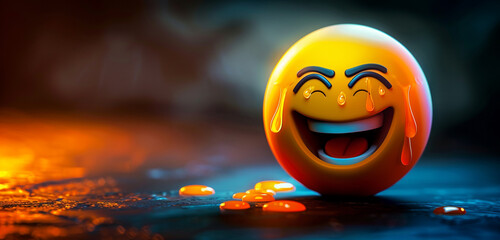 A close-up of a vibrant laughing emoji with tears of joy on a dark background.