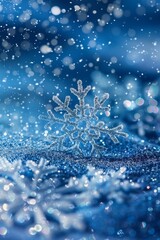 Blue Sparkling Winter Wonderland Background, Snow, Snowflakes, Bokeh, Vertical Christmas Illustration.  Generative AI.
