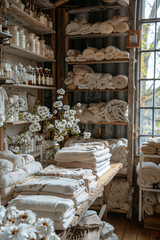 Eco Wool Boutique with Handmade Knitwear. Artisanal Woolen Garments and Throws Display in a Country Farm Store