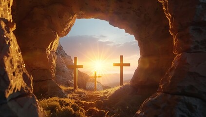 A tomb with stone doors open, showing the cross of Jesus Christ on Easter morning - obrazy, fototapety, plakaty