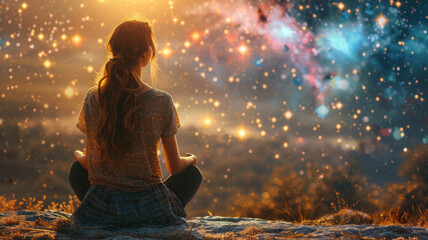 Obraz premium Radiant woman meditates amid cosmic splendor.generative ai