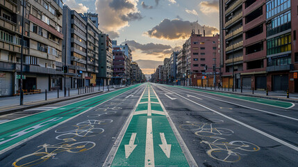 Urban Landscape: Empty City Street with Bicycle Lanes