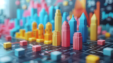 A dynamic 3D financial chart transformed into a cityscape, where colorful buildings represent the rise and fall of market statistics and economic trends