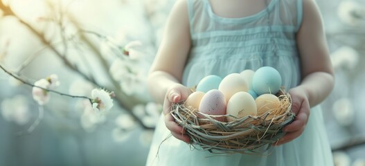 A child holding an Easter egg basket filled with pastel colored eggs - Powered by Adobe