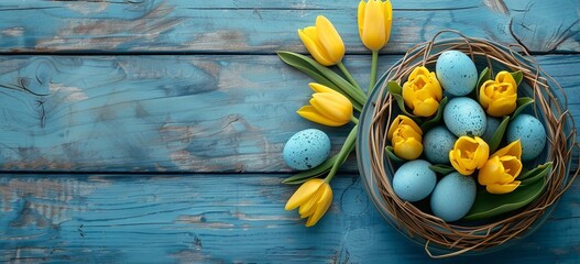 Easter background with yellow tulips and blue eggs in a bowl