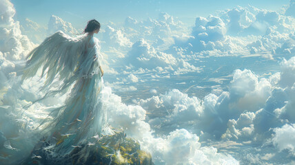 A lone angel with flowing white wings stands serenely on a cloud platform overlooking a breathtaking vista of heaven ,generative ai - obrazy, fototapety, plakaty