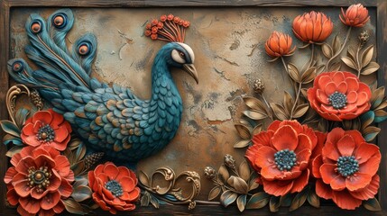 A striking art piece featuring a blue peacock surrounded by vibrant red flowers and intricate leaf designs on a rustic background, symbolizing nobility and grace