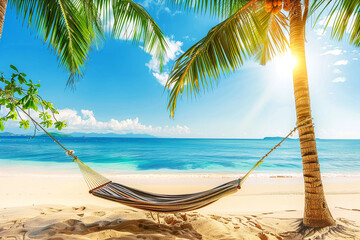 Photo of hammock fixed on palm trees near the shore of the azure sea. Summer vacation concept in...
