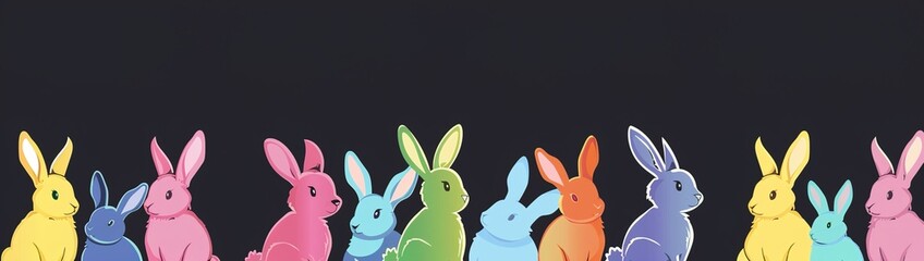 Black background with colorful Easter bunnies along the bottom border