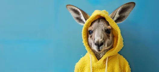 Badkamer foto achterwand A cute baby kangaroo wearing yellow hoodie with Easter Day theme © nikolettamuhari