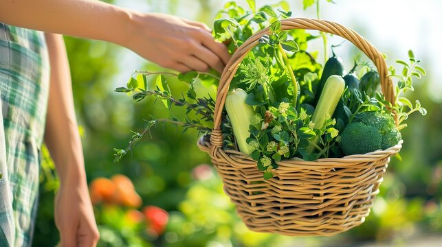 With Copy Space for Text on the Left, a Close-Up of a Woman's Hands Holding a Basket Brimming with a Selection of Green Vegetables, Herbs, and Edible Flowers, Set Against a Blurred Garden Background.