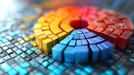 A striking 3D illustration of a spiral composed of colorful textured cubes transitioning from warm to cool tones - obrazy, fototapety, plakaty