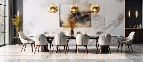 Elegant dining area featuring a close-up of a luxurious marble table surrounded by chairs in a stylish room