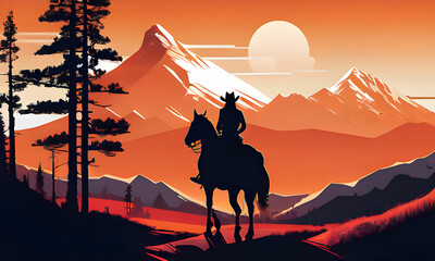 cowboy & horse in the evening time desert mountain