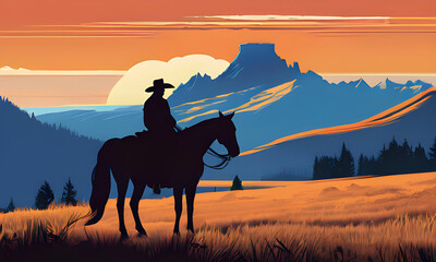 cowboy & horse in the evening time desert mountain