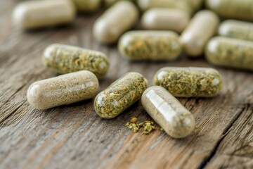 Close up view of a pile of transparent cannabis capsules on a wooden rustic table