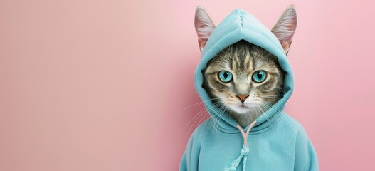 A cute cat wearing an Easter bunny costume with blue hoodie on isolated pastel background, banner design