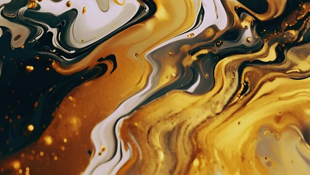Creative abstract golden,white black and silver paint,liquid effect, texture, close-up fragment of acrylic painting on canvas with brush strokes. Modern art. Black and white with gold background. 4k