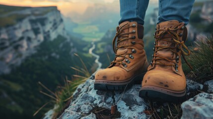 Hiking Adventure. Durable Boots on a Cliff Overlooking a Serene Valley