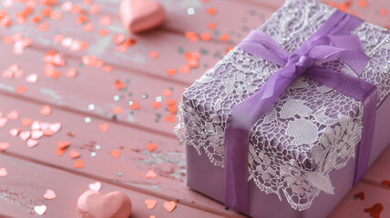 A soft lavender gift box adorned with delicate lace, set against a backdrop of shimmering heart confetti on a pale pink wooden table.