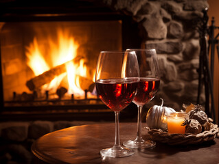 Wine Glasses: Fireplace background