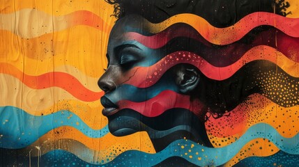 A beautiful mural of a woman's face merges with colorful waves, symbolizing a fusion of nature and emotions.