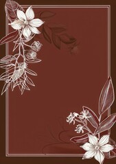 wedding invitation greeting Card background light burgundy frame, white border with floral decoration on the left side of the card, brown color scheme, line drawing style