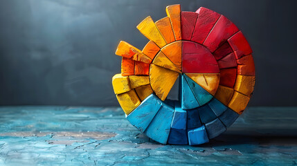An innovative, three-dimensional wooden color wheel painted in warm and cool tones stands on a cracked turquoise surface, showcasing color theory - obrazy, fototapety, plakaty
