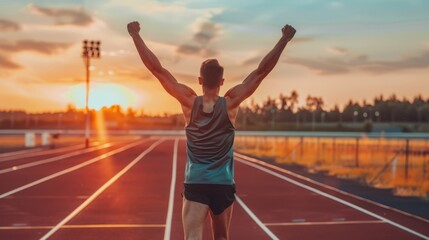 Successful man raising arms after cross track running on summer sunset. Fitness male athlete with arms up celebrating success and goals after sport exercising and working out. - Powered by Adobe