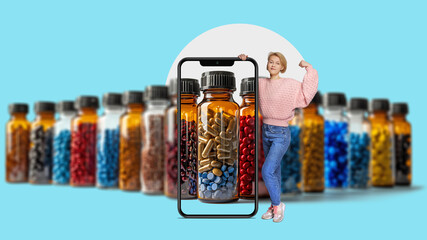 Online pharmacy and medical service concept. Set of tablets in glass bottles - Woman buying...
