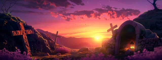 empty tomb with stone walls and an open lantern on top of it. In front there is three crosses symbolizing Jesus' death at sunset - obrazy, fototapety, plakaty