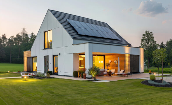 Bello chalet moderno blanco de dos plantas de estilo moderno equipado con placas solares, ventanas, garaje y bonito jard&iacute;n exterior rodeado de grandes &aacute;rboles, sobre fondo de cielo azul al atardecer
