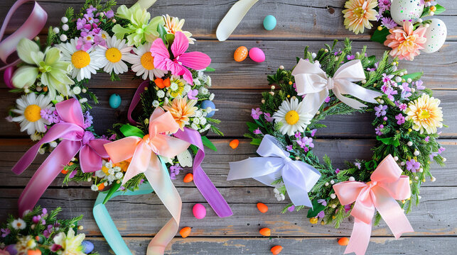Vibrant Easter Wreaths with Pastel-Colored Ribbons and Spring Flowers
