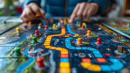 Hands interacting with a vibrant, detailed board game, filled with colorful pieces and paths