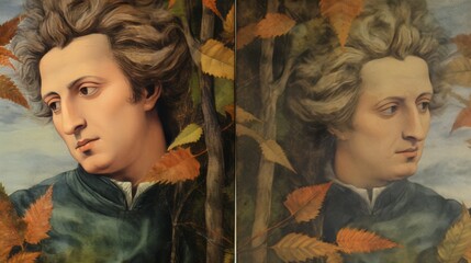 Two paintings of a man with long hair and a beard. One painting is on the left and the other is on the right