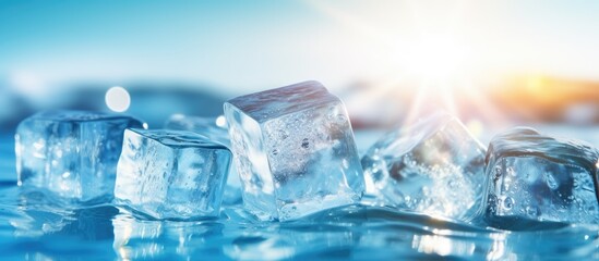 Several ice cubes of varying shapes and sizes are placed closely together on a flat surface - obrazy, fototapety, plakaty