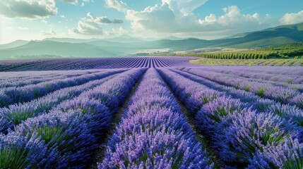 Fototapeta premium Lavender Field With Mountains Background