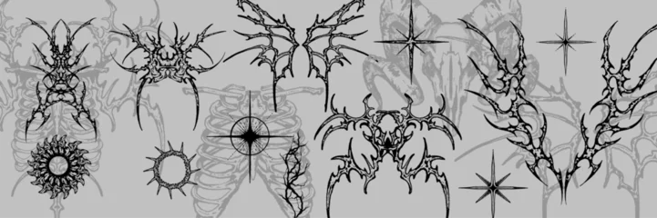 Tuinposter Grunge vlinders Neo tribal gothic tattoo set, vector retro futuristic cyber symmetry shapes, dark y2k wings, bones. Metal music cover print, alien surreal illustration, skull, stars grunge clipart. Neo tribal symbol