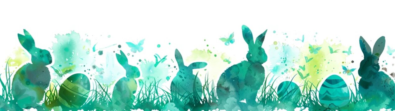 A wide Easter banner with a watercolor background in turquoise and green, featuring silhouettes of bunnies and eggs on the grass