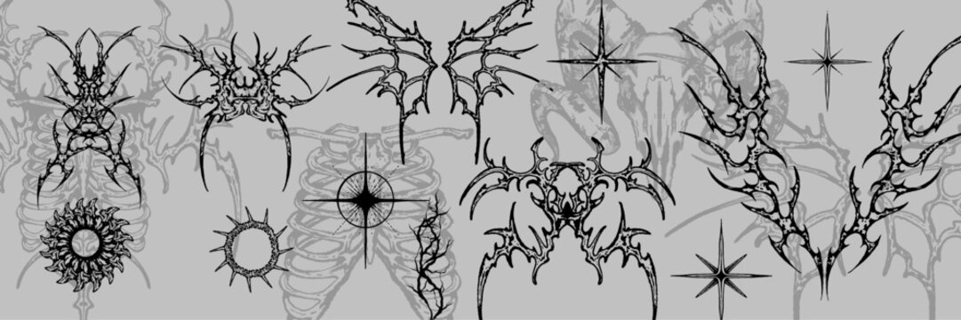 Neo tribal gothic tattoo set, vector retro futuristic cyber symmetry shapes, dark y2k wings, bones. Metal music cover print, alien surreal illustration, skull, stars grunge clipart. Neo tribal symbol
