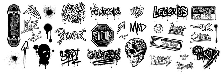 Graffiti urban sticker set, vector spray calligraphy print, street art splatter tags, creative icon. Hip-hop skateboard culture tattoo, road sign, skull, balaclava arrow. Graffiti urban textile design © Oleksandra