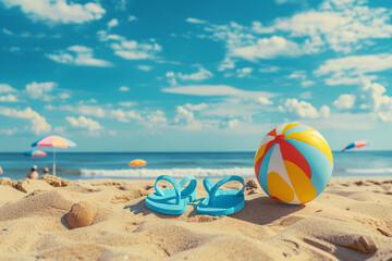 Fototapeta na wymiar Photo of colorful beach ball and beach slippers lying on the sand. Summer vacation concept at sea