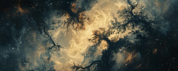 Street art-inspired wallpaper showcasing cosmic stars, a dense jungle canopy, cloud formations, and silk fabrics textures - obrazy, fototapety, plakaty