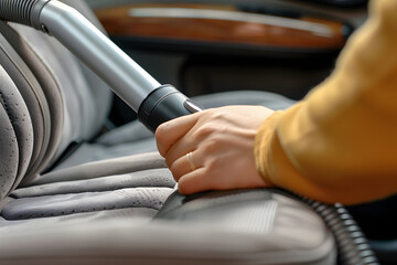 a hand using a vacuum to clean a car seat