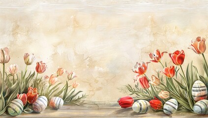 easter tulips and striped eggs border on wood background, empty space in the middle